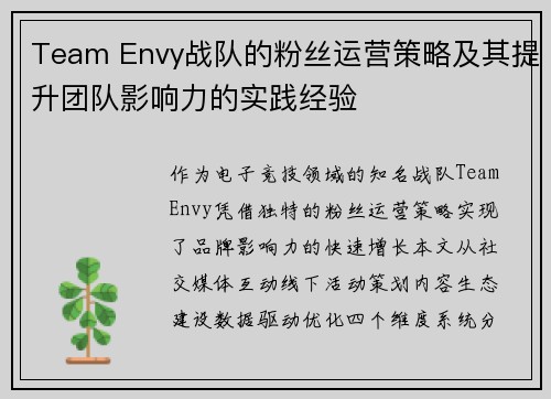 Team Envy战队的粉丝运营策略及其提升团队影响力的实践经验